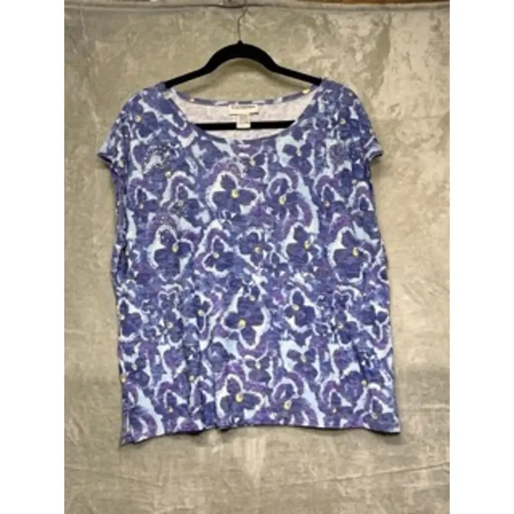C.D. Petites Purple Blue Floral Embellished Top Large
